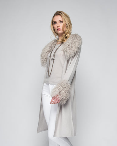 Cashmere Duster with Tibetan Sheep Fur Trim in Shell