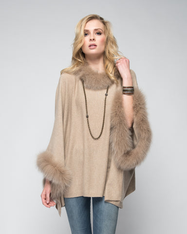 Cashmere Poncho with Full Fox Fur Trim in Shell