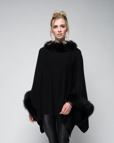 Cashmere Poncho with Fox Fur Trim on Cuff in Black