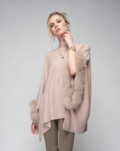 Cashmere Poncho with Fox Fur Trim on Cuff in Shell