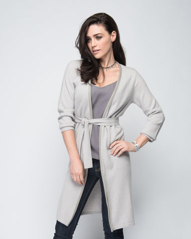Cashmere Duster with Leather Trim in Shell