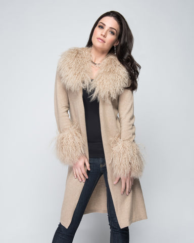 Cashmere Duster with Raccoon Fur Trim in Shell