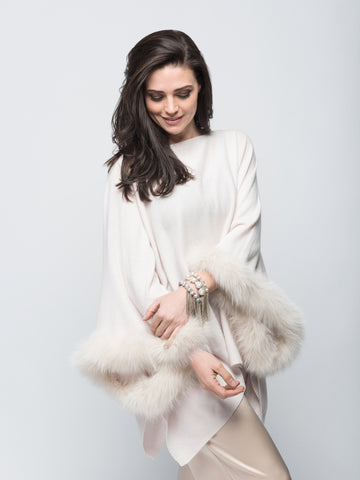Cashmere Poncho with Full Fox Fur Trim in Shell