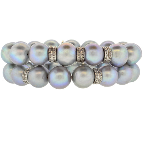 Gray Potato Pearl & 3 Double Diamond Rondelle Bracelet