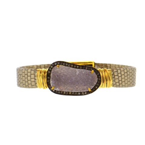 Black Shimmer Mala Mala Leather Bracelet with a Gold Arc