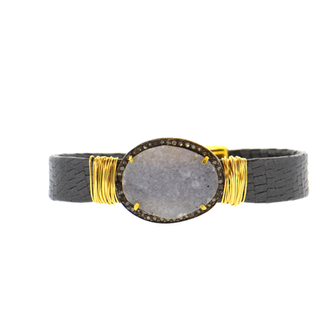 Black Shimmer Mala Mala Leather Bracelet with a Diamond and Silver Arc