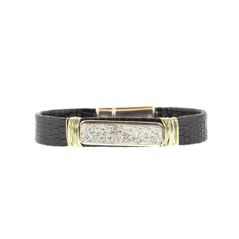 Black Shimmer Mala Mala Leather Bracelet with a Diamond and Silver Arc
