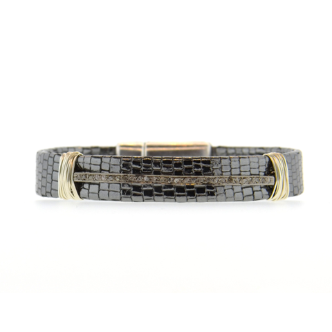 Black Shimmer Mala Mala Leather Bracelet with a Gold Arc