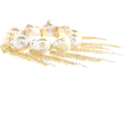 White Potato Pearl Stellenbosch Bracelet with Silver & Gold Fringe
