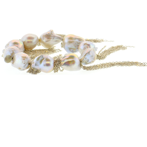 White Potato Pearl Stellenbosch Bracelet with Silver & Gold Fringe