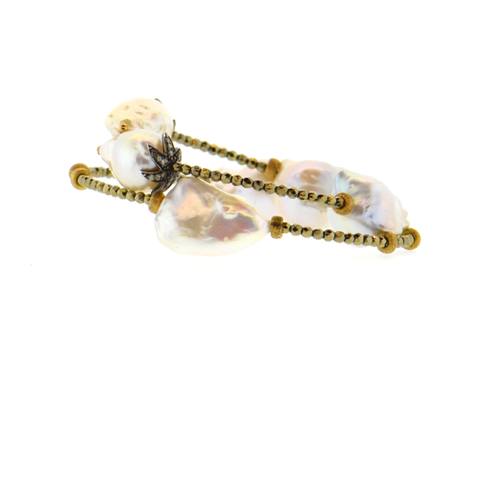 White Baroque Pearl & Diamond Flower Bracelet with Gold Hematite