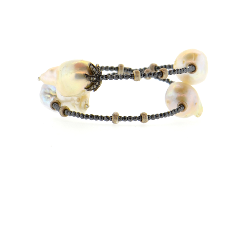 White Baroque Pearl & Diamond Flower Bracelet with Silver Hematite