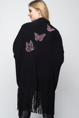 Black Cashmere Shawl with Suede Fringe & Embroidered Butterflies in Gunmetal