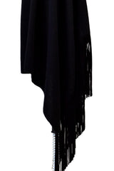 Black Cashmere Shawl with Suede Fringe & Embroidered Butterflies in Gunmetal