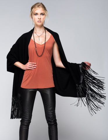 Cashmere Shawl with Double Leather Fringe in Dove Gray