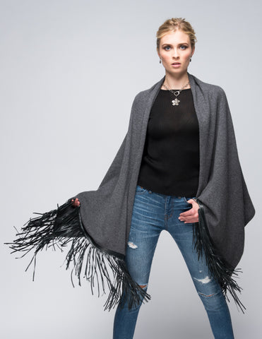 Cashmere Shawl with Double Leather Fringe in Safari