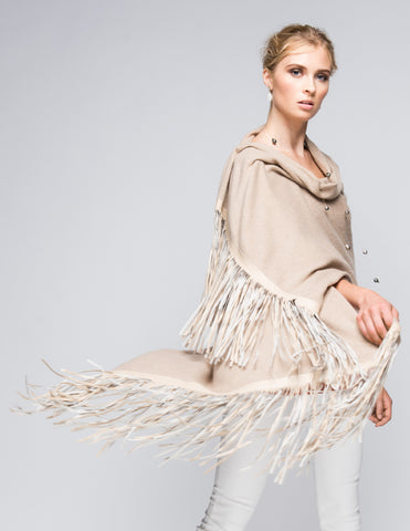 Cashmere Shawl with Double Leather Fringe in Charcoal