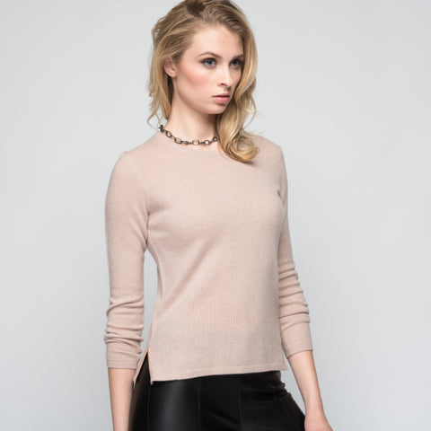Cashmere Sweater with Leather Piping in Safari