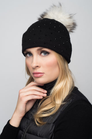 Dove Gray Cashmere Beanie with Crystals on Fold Over & Ivory Pom