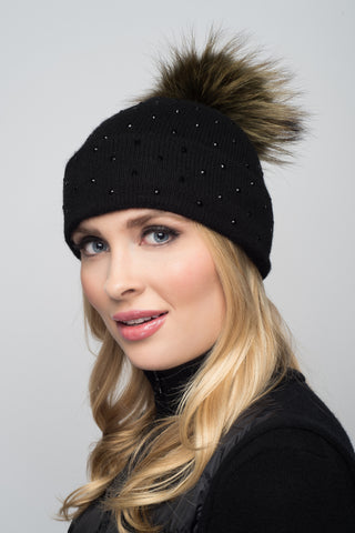 Black Cashmere Beanie with Scattered Crystals & Midnight Blue Pom