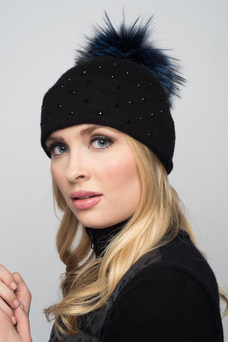 Black Cashmere Beanie with Crystals on Fold Over & Hot Pink Pom