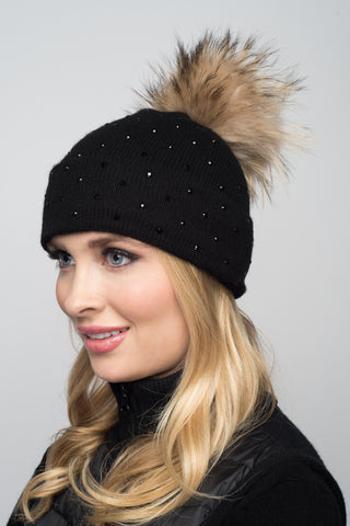 Black Cashmere Beanie with Scattered Crystals & Black Pom