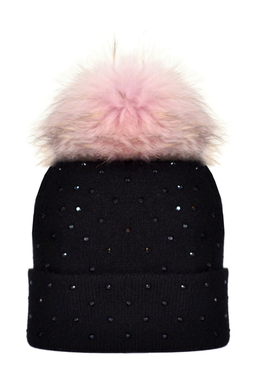 Black Cashmere Beanie with Scattered Crystals & Pale Pink Pom