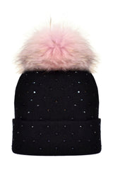 Black Cashmere Beanie with Scattered Crystals & Pale Pink Pom