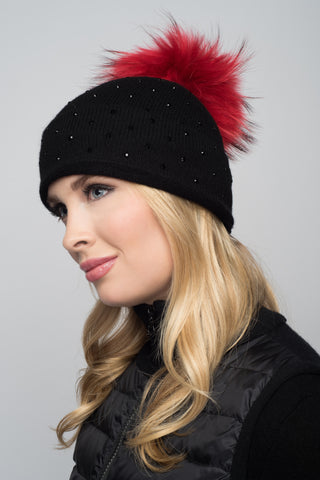 Black Cashmere Beanie with Scattered Crystals & Ivory Pom