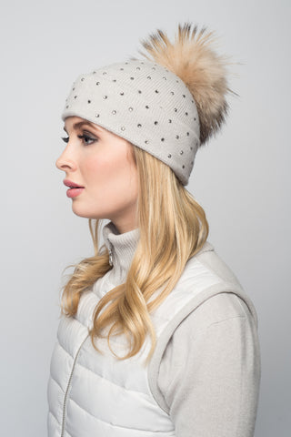 Black Cashmere Beanie with Crystals on Fold Over & Oatmeal Pom