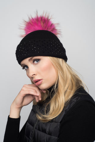 Black Cashmere Beanie with Scattered Crystals & Hot Pink Pom
