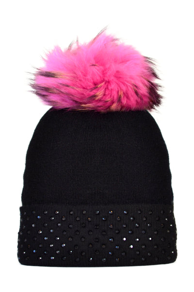 Hot Pink Cashmere Beanie with Matching Pink Raccoon Pom Pom