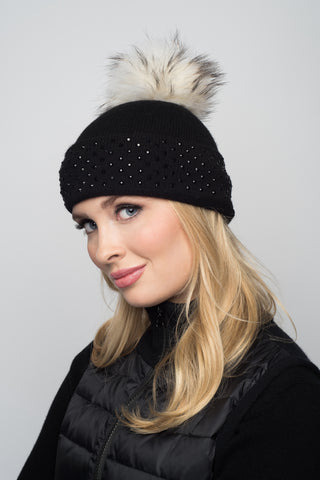 Black Cashmere Beanie with Crystals on Fold Over & Hot Pink Pom