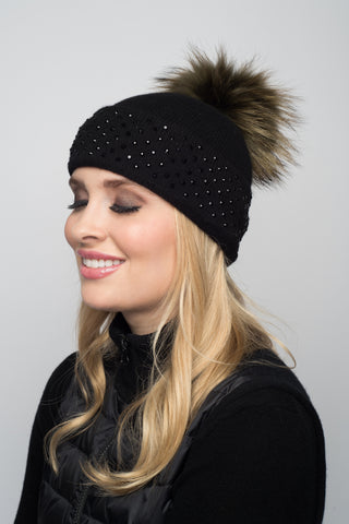 Black Cashmere Beanie with Crystals on Fold Over & Pale Pink Pom