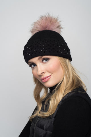 Dove Gray Cashmere Beanie with Crystals on Fold Over & Hot Pink Pom