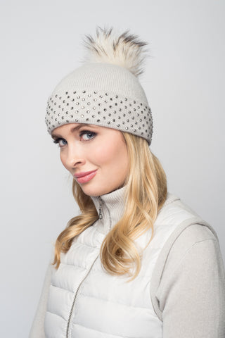 Dove Gray Cashmere Beanie with Crystals on Fold Over & Black Pom