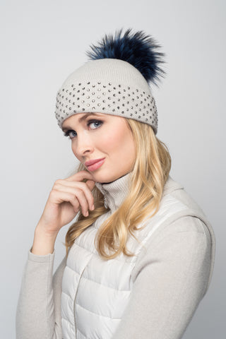 Black Cashmere Beanie with Crystals on Fold Over & Khaki Pom