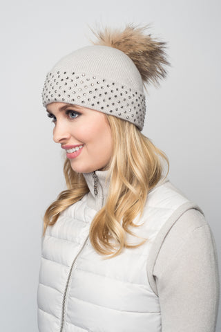 Dove Gray Cashmere Beanie with Scattered Crystals & Midnight Blue Pom