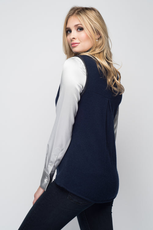 Cashmere Vest with Leather Piping in Midnight Blue