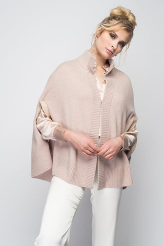 Cashmere Swing Poncho with Leather Trim in Oatmeal