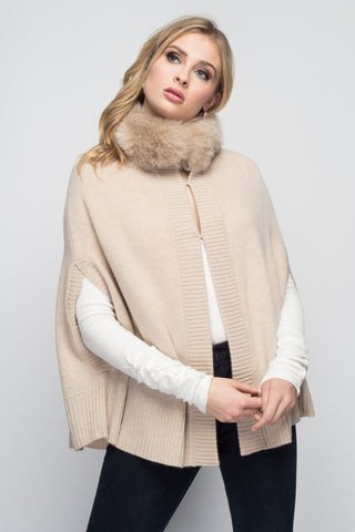 Cashmere Swing Cape Cardigan with Fox Collar in Blush