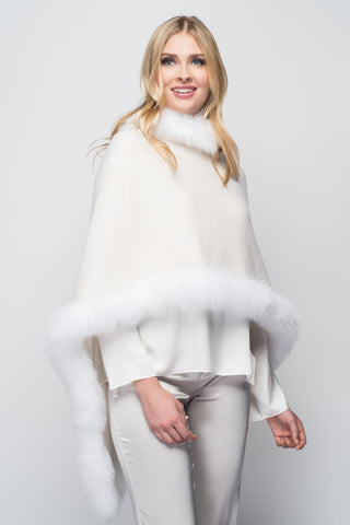 Cashmere Stole with Front Fox Fur Trim in Ivory