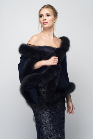 Cashmere Stole with Front Tibetan Sheep Fur & Crystals in Midnight Blue