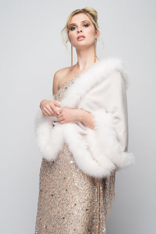 Cashmere Stole with Front Tibetan Sheep Fur & Crystals in Ivory