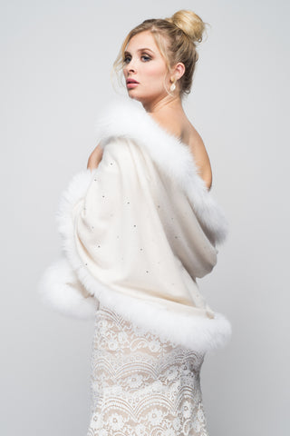 Cashmere Stole with Full Fox Fur & Crystals in Shell