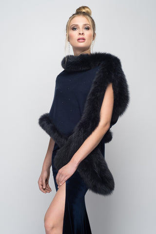 Cashmere Stole with Full Fox Fur & Crystals in Dove Gray