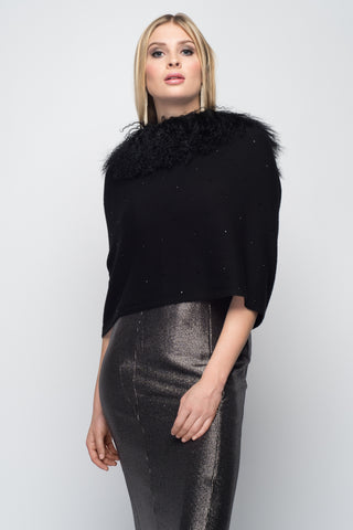 Cashmere Stole with Front Fox Fur Trim in Black