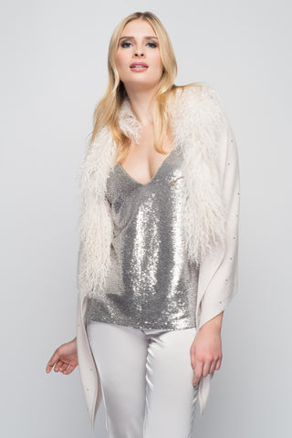 Cashmere Stole with Full Fox Fur & Crystals in Dove Gray
