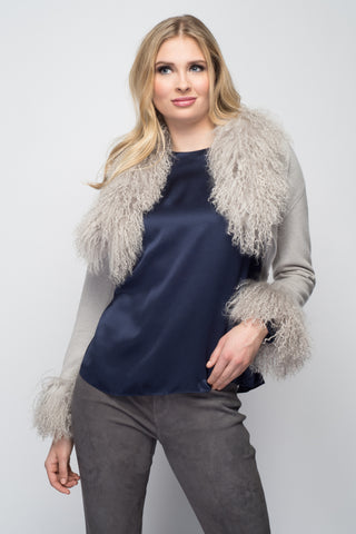 Cashmere Shrug with Curly Tibetan Sheep Fur in Dove Gray