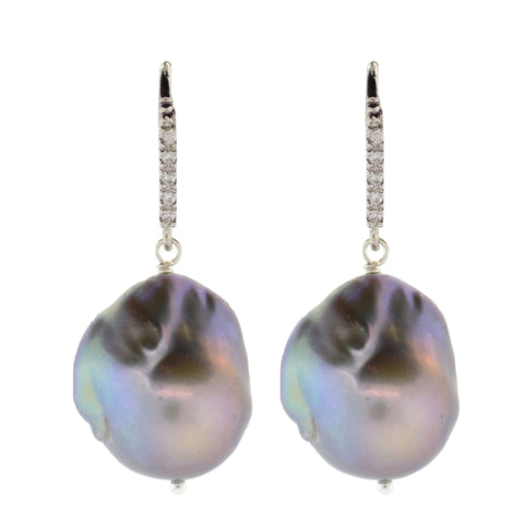 Diamond & Gray Baroque Pearl Drop Earrings in Oxidized Sterling Silver